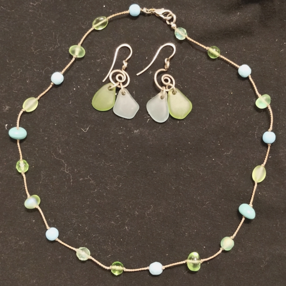 Blue and green sea-glass drop earrings with coordinating necklace